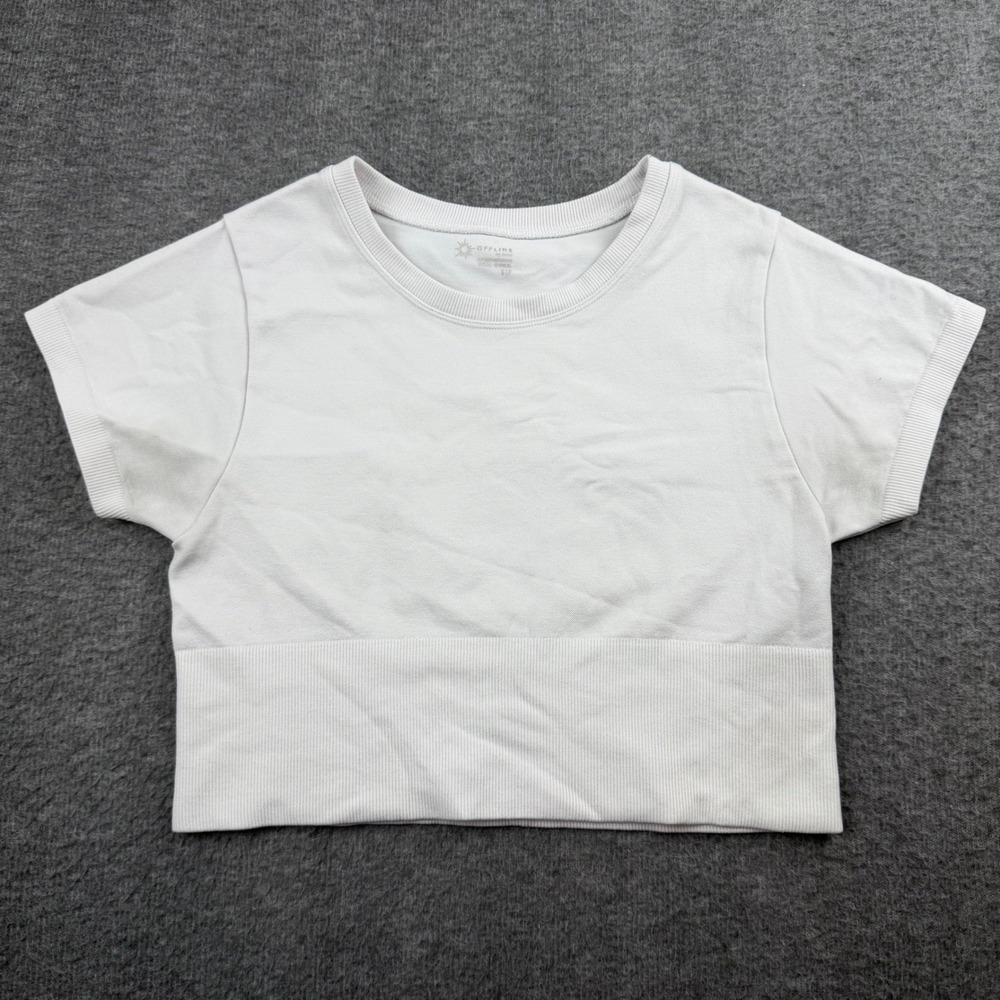 Aerie OFFLINE Crop Top Women's Small White Seamless Ribbed Athletic Short Sleeve